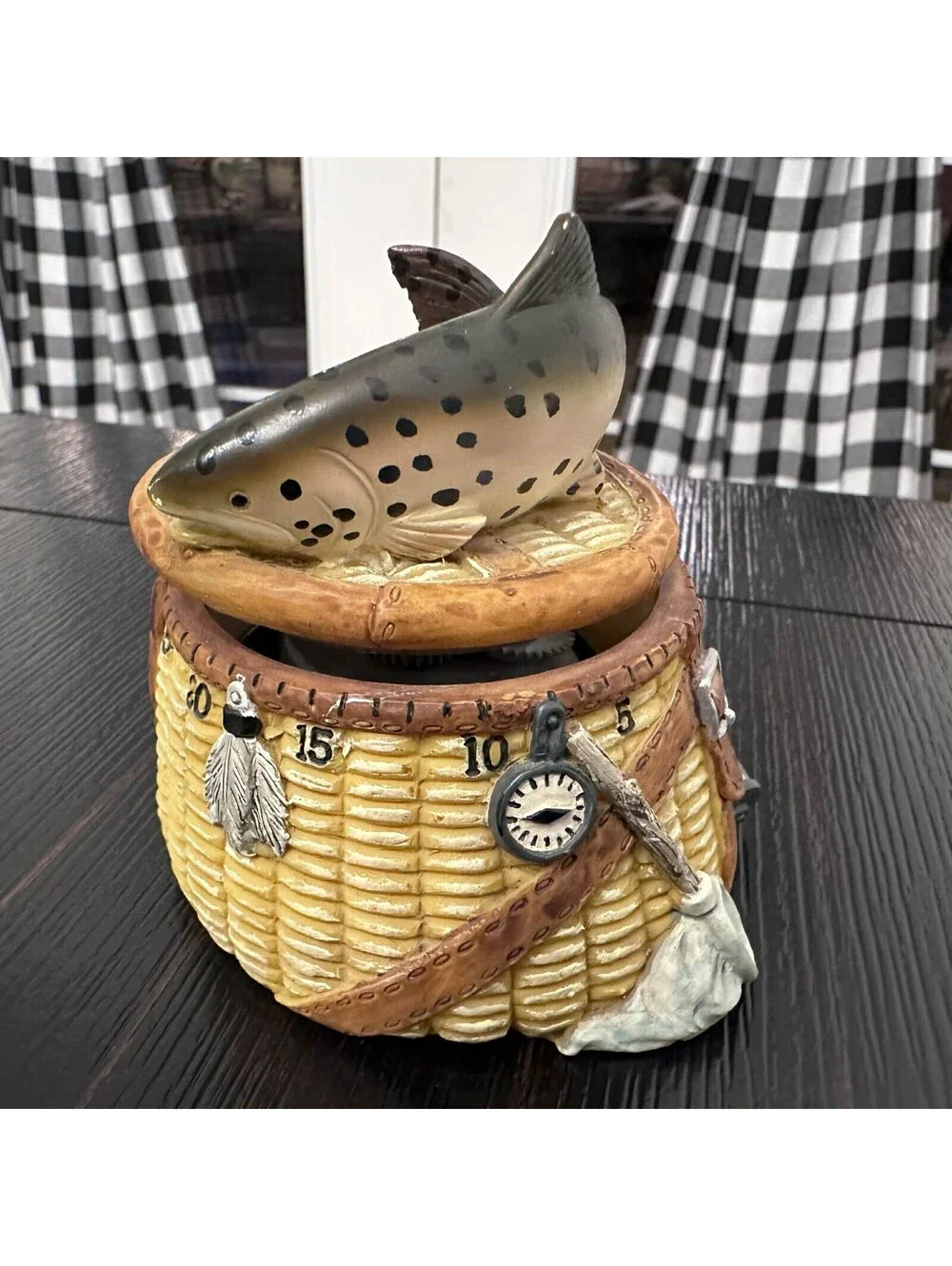 Big Sky Carvers Fishing Creel Basket Trout Kitchen Timer Cabin Lodge Decor EUC